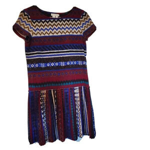 081)‎ London Times Dress Size 8 Brown Burgundy Womens Tribal Pleated Bottom